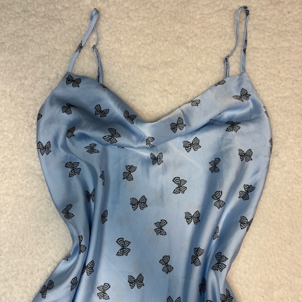 Forever 21 Women Blue Bow Print Satin Slip Mini Dress - Picture 2 of 11